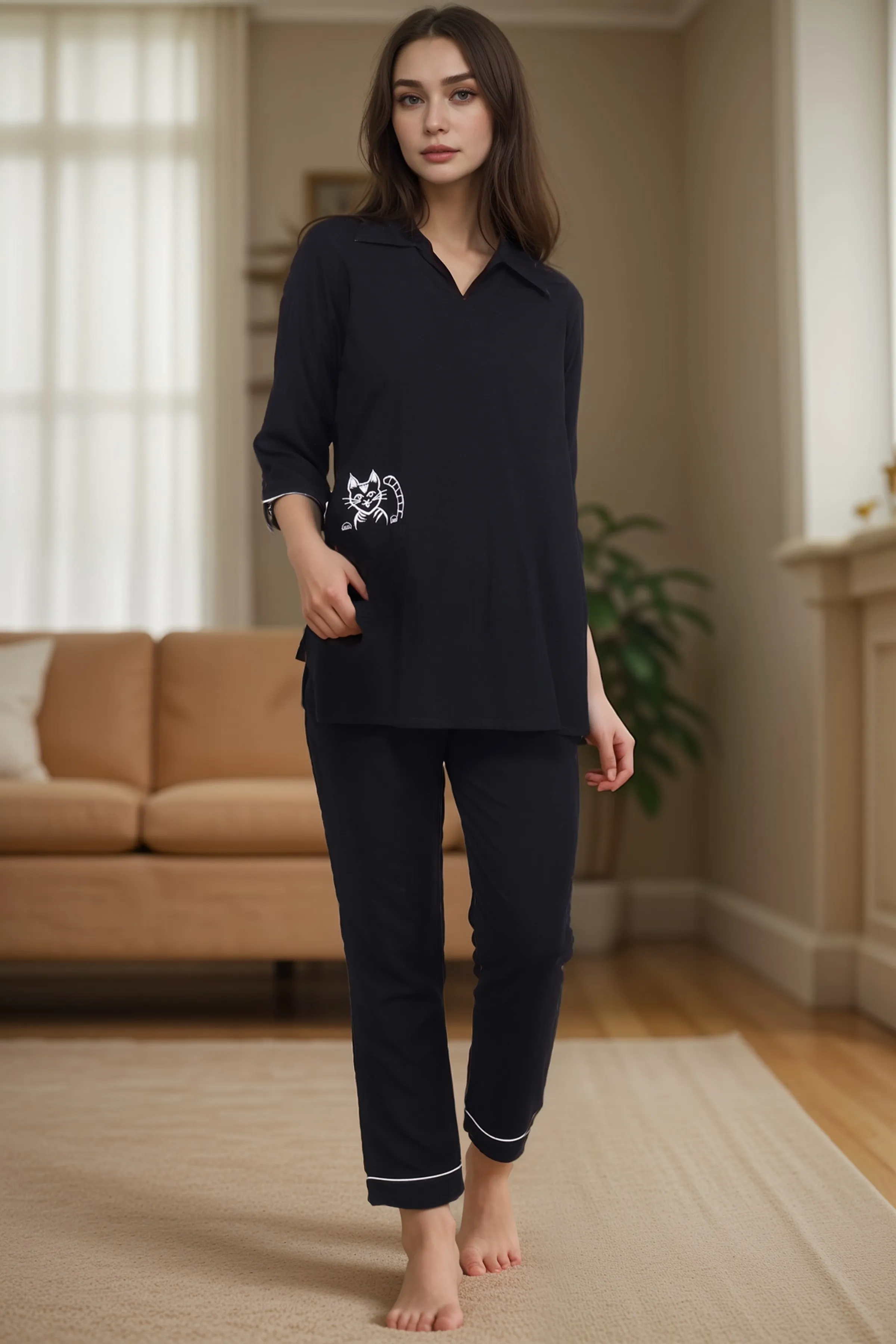 Black Cute Cat Night Suit
