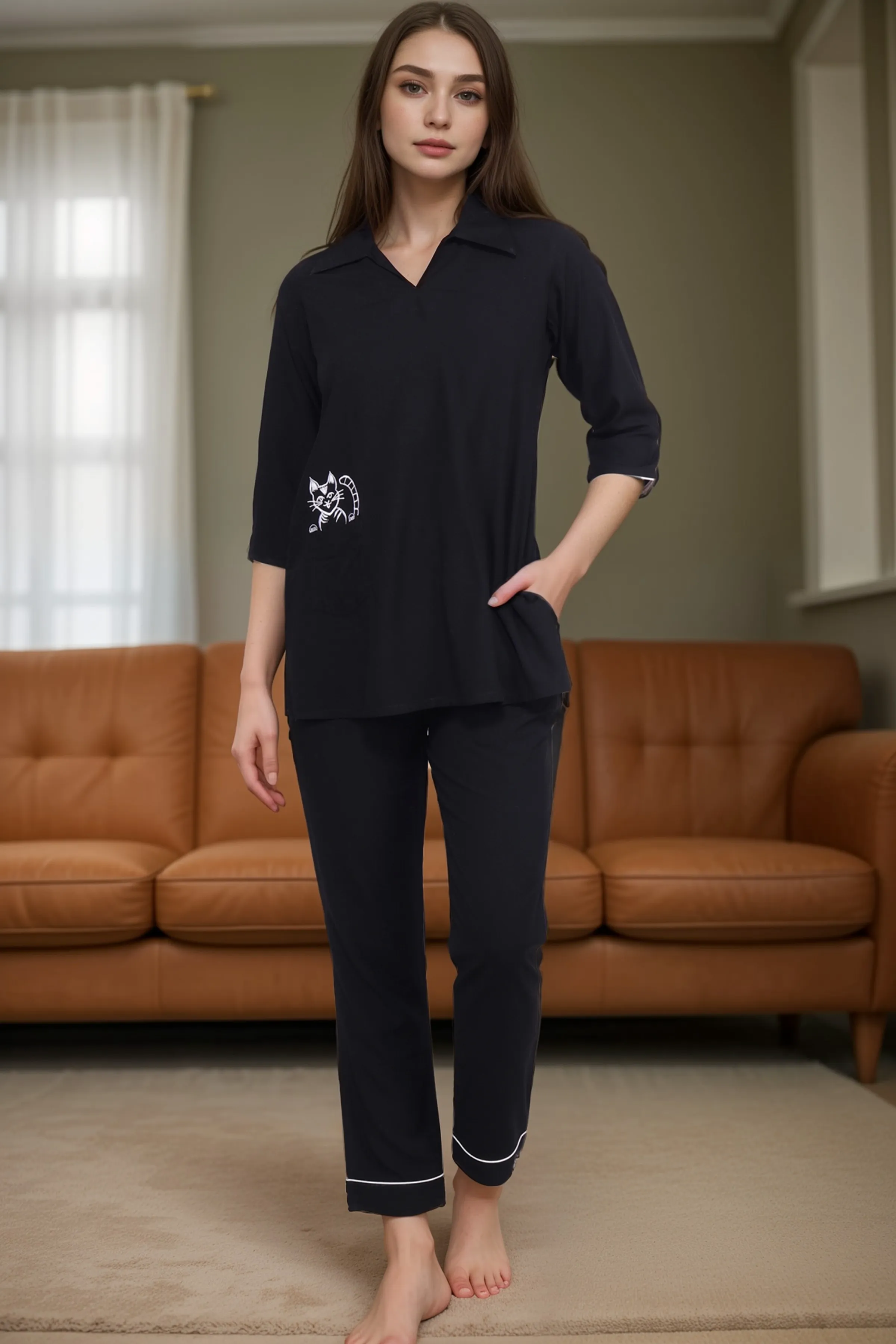 Black Cute Cat Night Suit