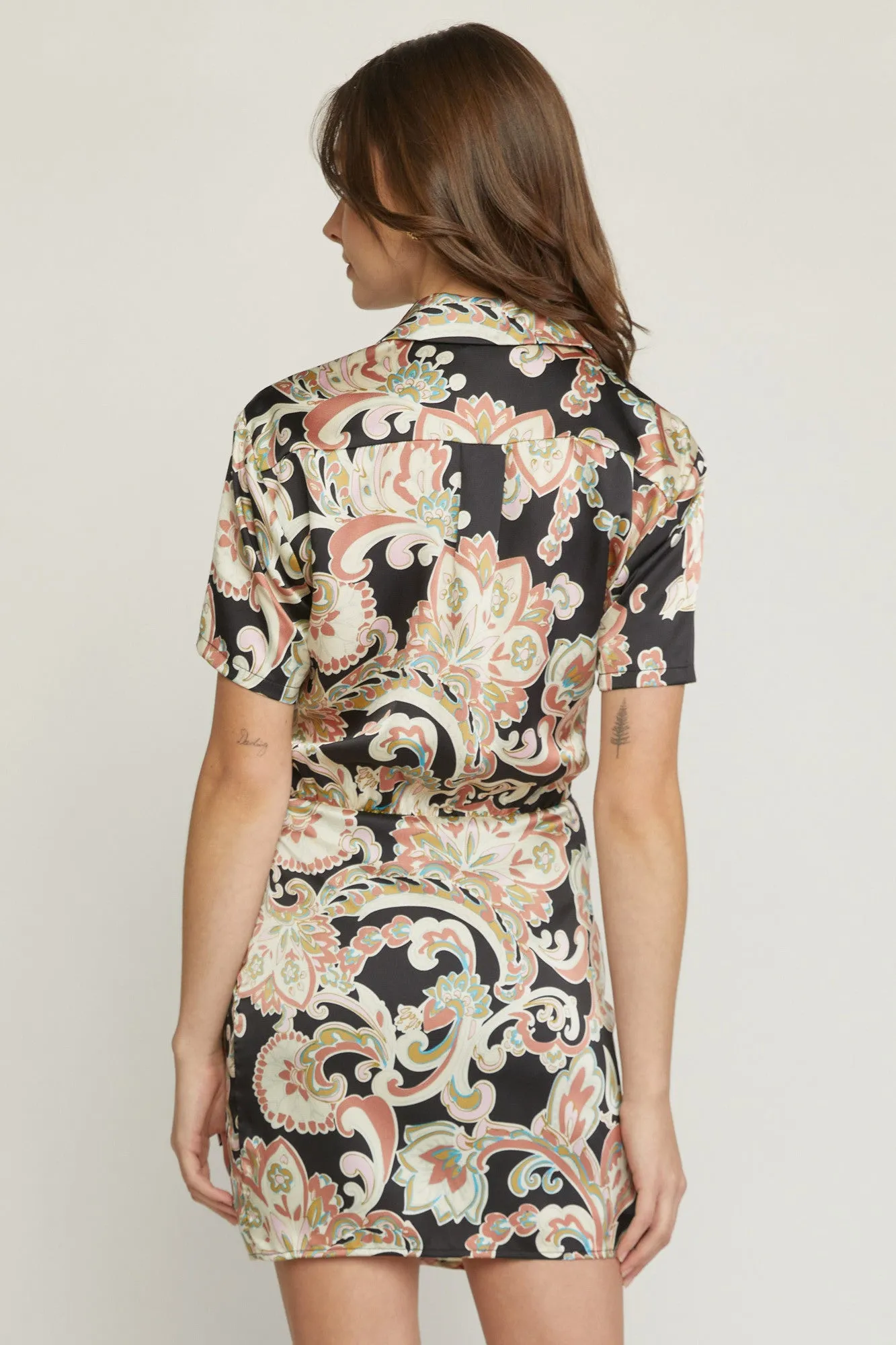 Entro Satin Paisley Short Faux Wrap Dress In Black