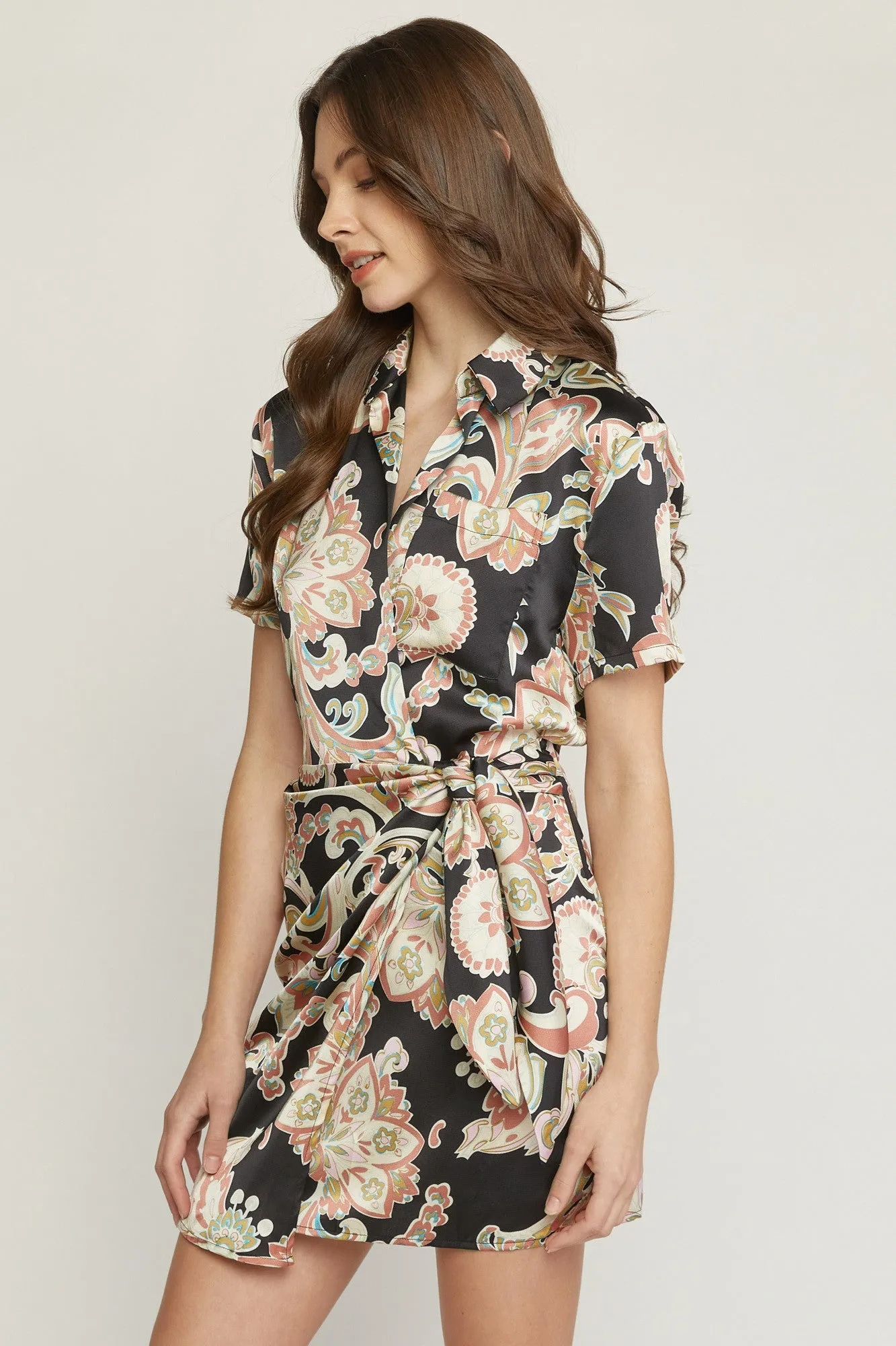 Entro Satin Paisley Short Faux Wrap Dress In Black