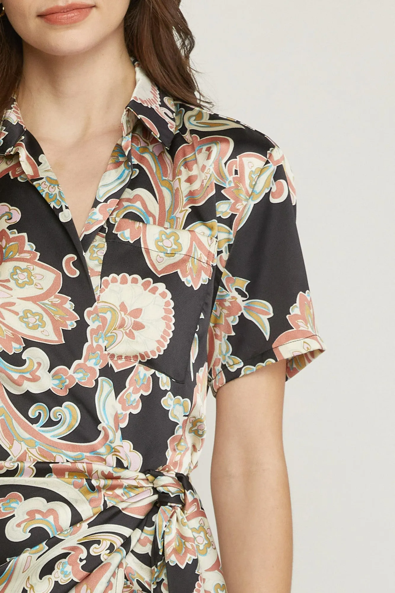 Entro Satin Paisley Short Faux Wrap Dress In Black