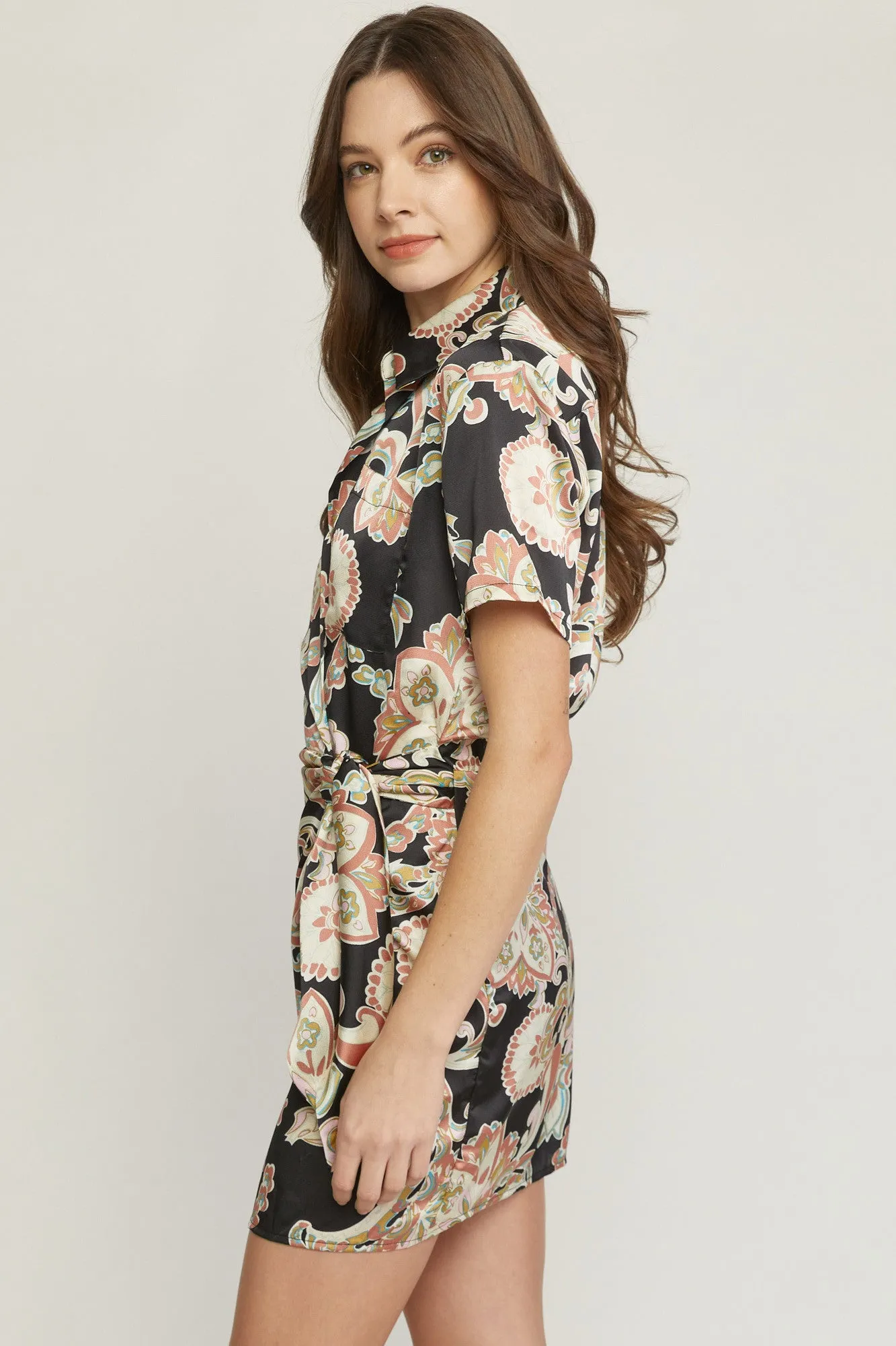 Entro Satin Paisley Short Faux Wrap Dress In Black