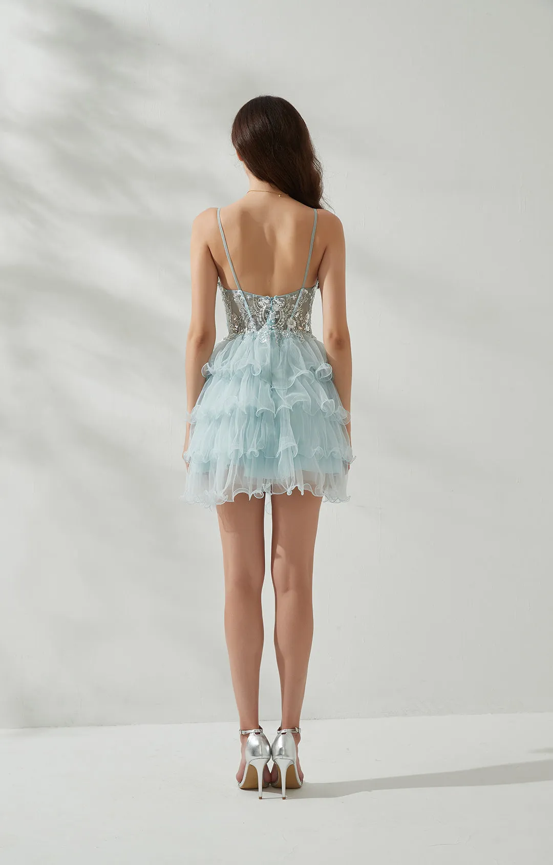 Spaghetti Straps Back Zipper Sequin Tulle Tiered Puffy Cocktail Mini Dress