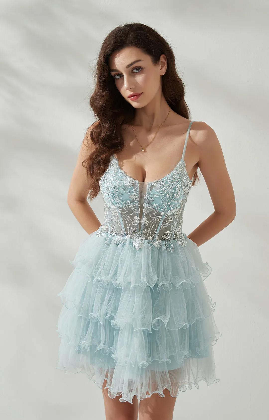 Spaghetti Straps Back Zipper Sequin Tulle Tiered Puffy Cocktail Mini Dress