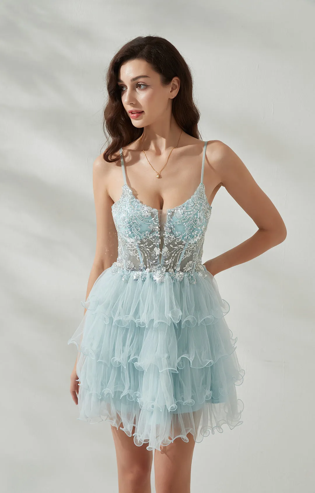 Spaghetti Straps Back Zipper Sequin Tulle Tiered Puffy Cocktail Mini Dress