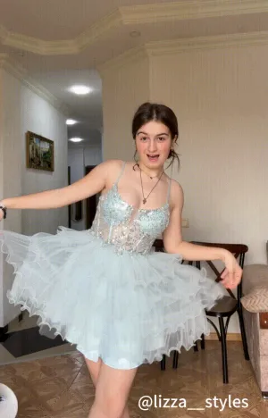 Spaghetti Straps Back Zipper Sequin Tulle Tiered Puffy Cocktail Mini Dress